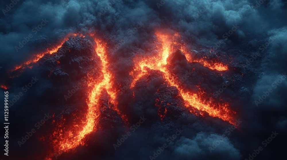 Fiery lava flows down a dark, volcanic mountainside, shrouded in smoke. Perfect for illustrating volcanic activity, fiery landscapes, or apocalyptic themes. Fiery lava flows down a dark, volcanic mountainside, shrouded in smoke. Perfect for illustrating volcanic activity, fiery landscapes, or apocalyptic themes.
