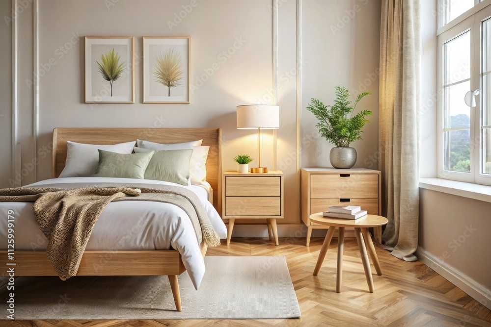 Fototapeta premium Scandinavian Bedroom Design: Wooden Nightstand & Beige Headboard - Modern French Country Interior