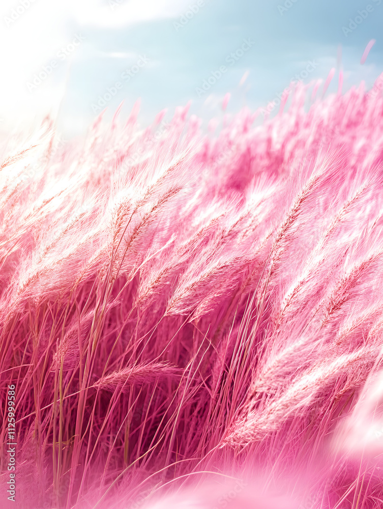 Fototapeta premium Bright fuchsia field of fluffy, cloud-like grass under clear sky with natural sunlight