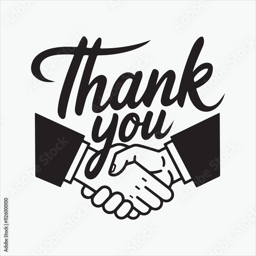 Thank You handwritten inscription. Hand drawn lettering with handshake icon.