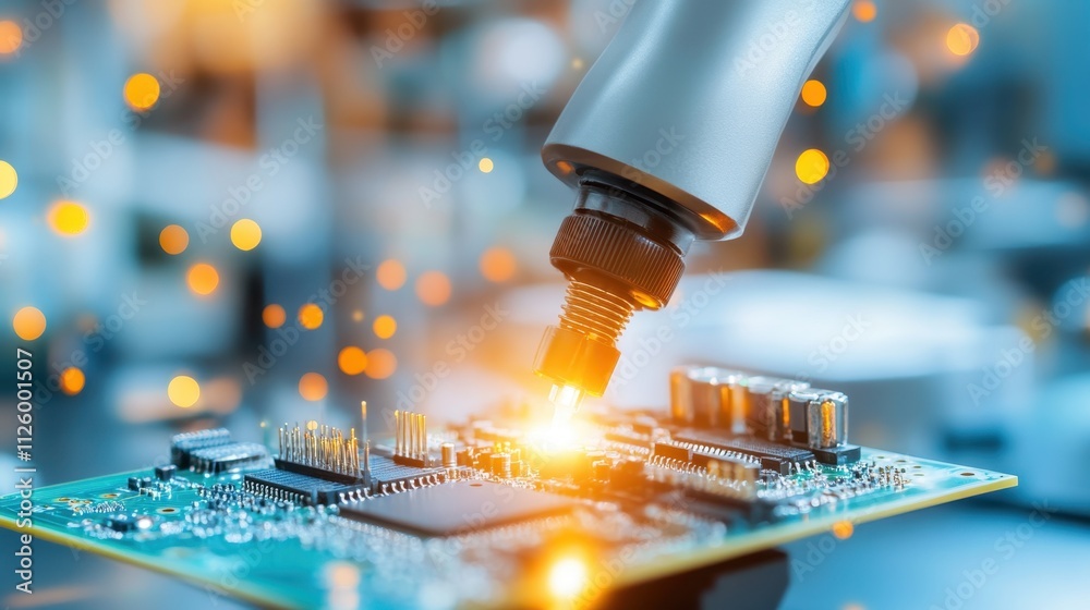 Precision Manufacturing: Close-up view of robotic arm soldering a circuit board, showcasing advanced technology and precision in manufacturing. Sparks fly. Precision Manufacturing: Close-up view of robotic arm soldering a circuit board, showcasing advanced technology and precision in manufacturing. Sparks fly.