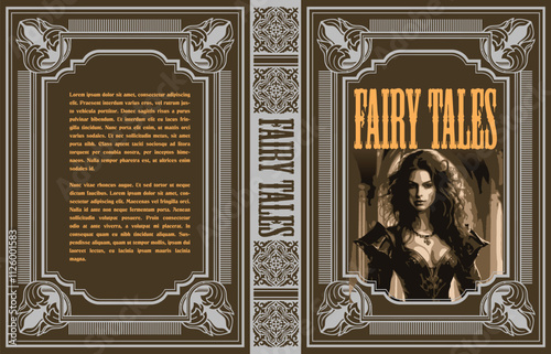 155-32-Fairy tales book cover design featuring an enchanting woman, ornate frame, and elegant typography, evoking a sense of magic and wonder photo