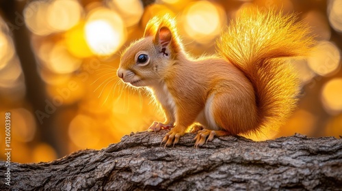 Red squirrel at sunset on a branch.