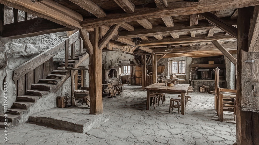 Rustic Wooden Interior With Stone Floor And Staircase Rustic Wooden Interior With Stone Floor And Staircase