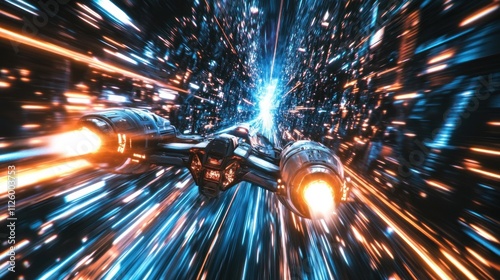 Spaceship Traveling Through A Vivid Light Speed Tunnel