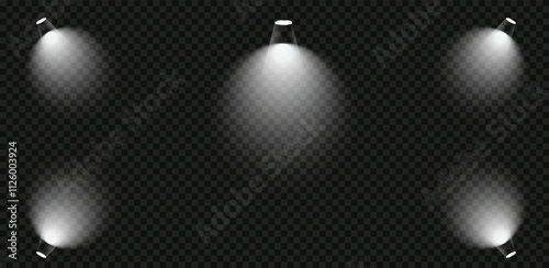 Spotlights set, stage and studio light, realistic hanging and standing lamps. Finally, it includes light beams and a light effect.