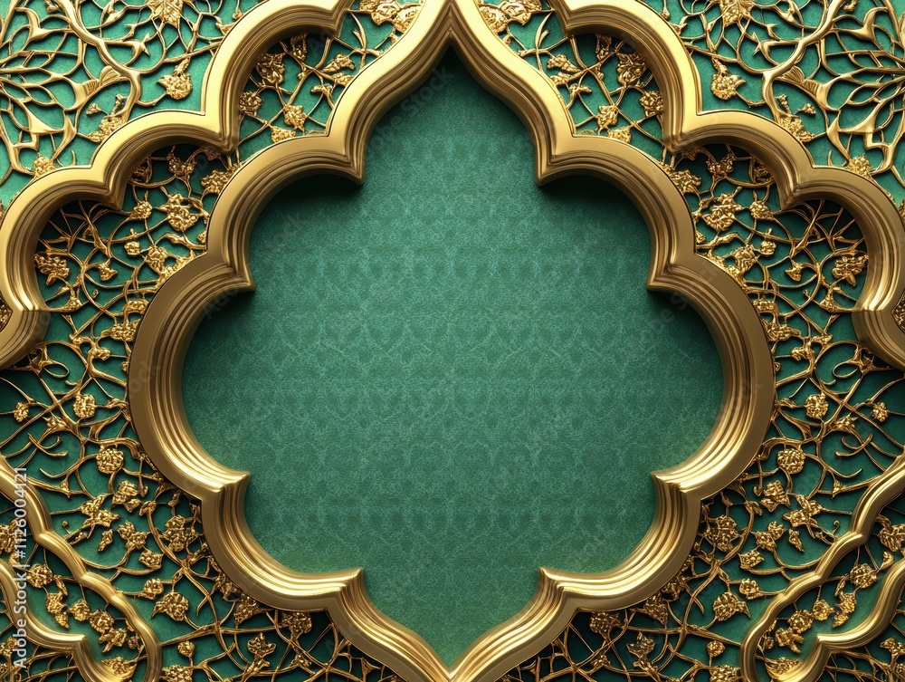 Ornate golden frame with intricate floral design on a teal background. Ornate golden frame with intricate floral design on a teal background.