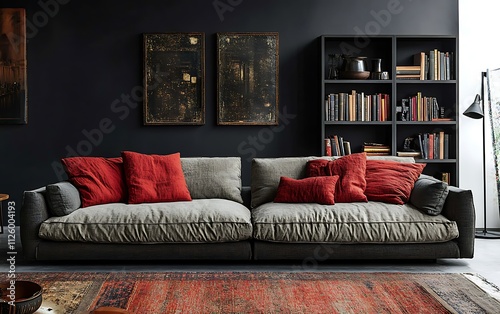 Modern living room with grey sofa, red pillows, dark walls, bookshelf, and rug.
