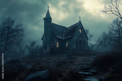 A dark, eerie church stands amidst foggy trees under a moody sky.