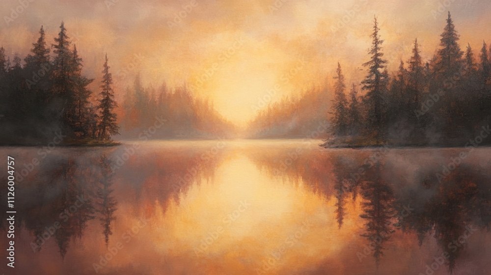 Fototapeta premium A tranquil depiction of a sunrise over a misty lake, with soft abstract ripples and reflections blending in warm tones