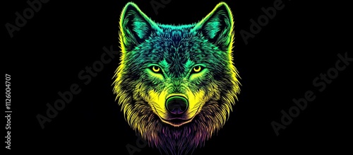 A striking neon wolf face enhanced with gradient shades of green and yellow creating a vibrant effect photo