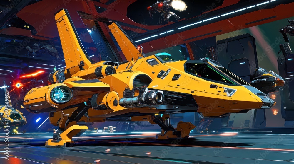 Fototapeta premium Yellow Spacecraft Stands in Futuristic Hangar Bay
