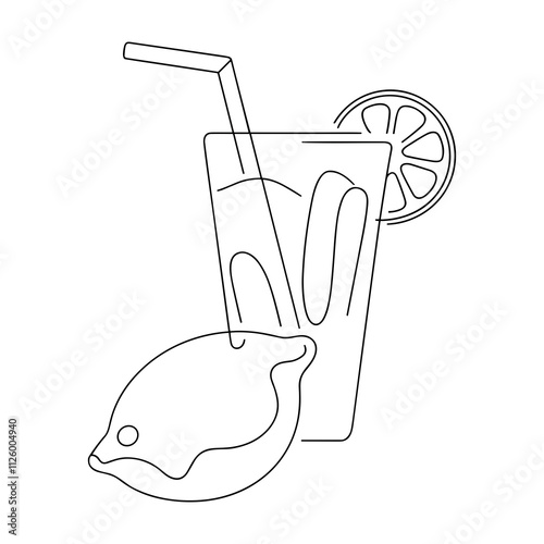 Line Art of a Lemonade Glass with Lemon Slice