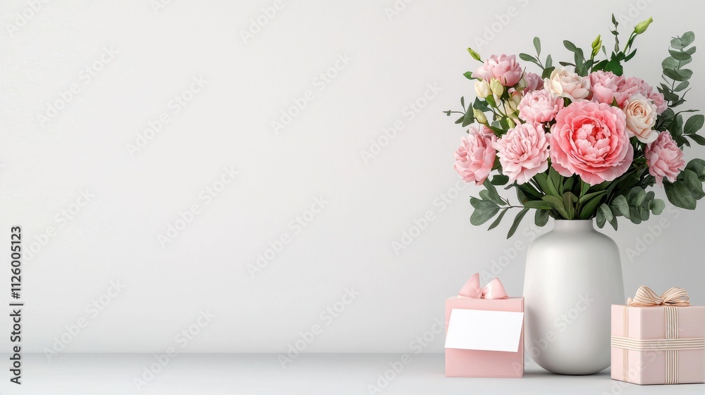 A beautiful arrangement of pink flowers in a white vase beside elegant gift boxes on a light background, perfect for celebrations or decor.