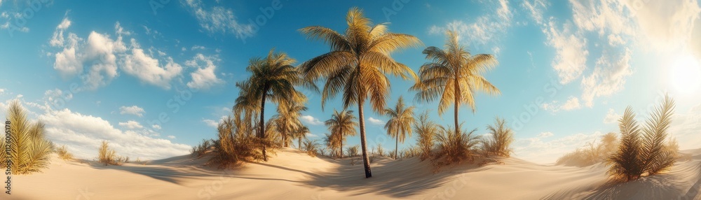 Fototapeta premium Palm Trees Grace a Sandy Desert Oasis Under a Blue Sky
