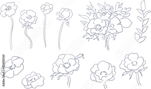 ガーベラのベクターイラスト。シンプルな花と草木の線画背景。おしゃれな草木背景。Vector illustration of gerbera. Simple flowers and plants line drawing background. Stylish grass and trees background.