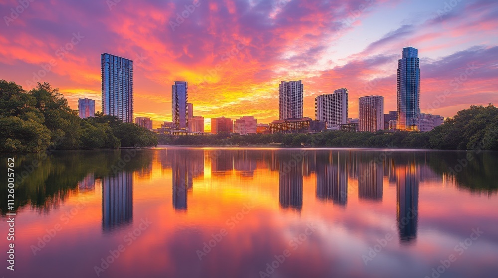 Fototapeta premium stunning sunset reflection over city skyline
