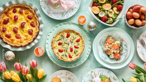 Wallpaper Mural Easter brunch table with quiche, fruit salad, and pastel-colored plates, decorated with bunnies and tulips Torontodigital.ca