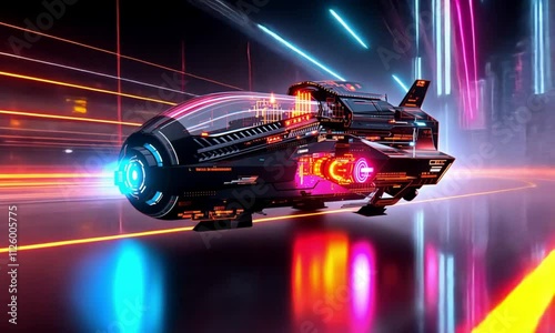 futuristic flying vehicle glowing with neon lights in a vibrant sci-fi environment, showcasing advanced technology and the vision of future transportation photo