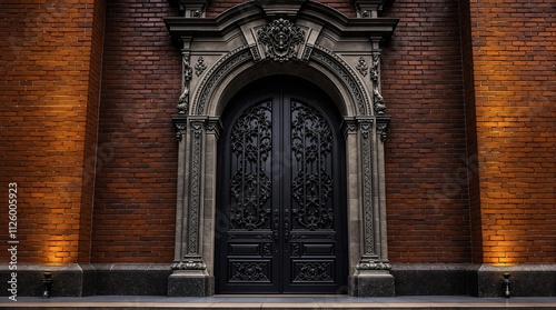 A majestic gothic-style iron gate surrounded by brick pillars, suitable for period dramas or historic-themed designs photo