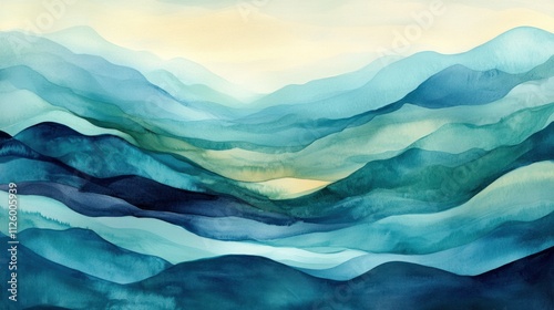 A vibrant watercolor-style abstract landscape with flowing rivers and mountains blending in soft blues and greens