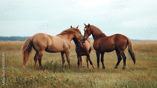 Three horses interacting in a serene grassland, showcasing nature's beauty and animal companionship.