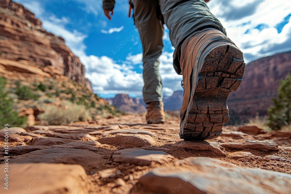 Close-up of hiker's boot on rocky trail. Captures adventure, journey, and exploration themes. Close-up of hiker's boot on rocky trail. Captures adventure, journey, and exploration themes.