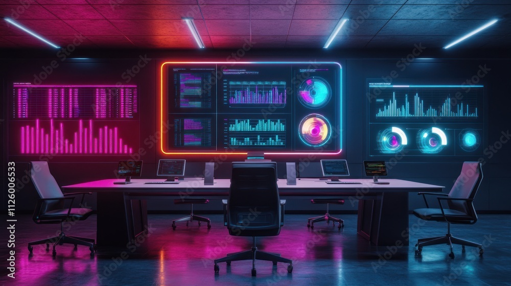 Neon Lit Control Room With Data Displays And Workstations Neon Lit Control Room With Data Displays And Workstations