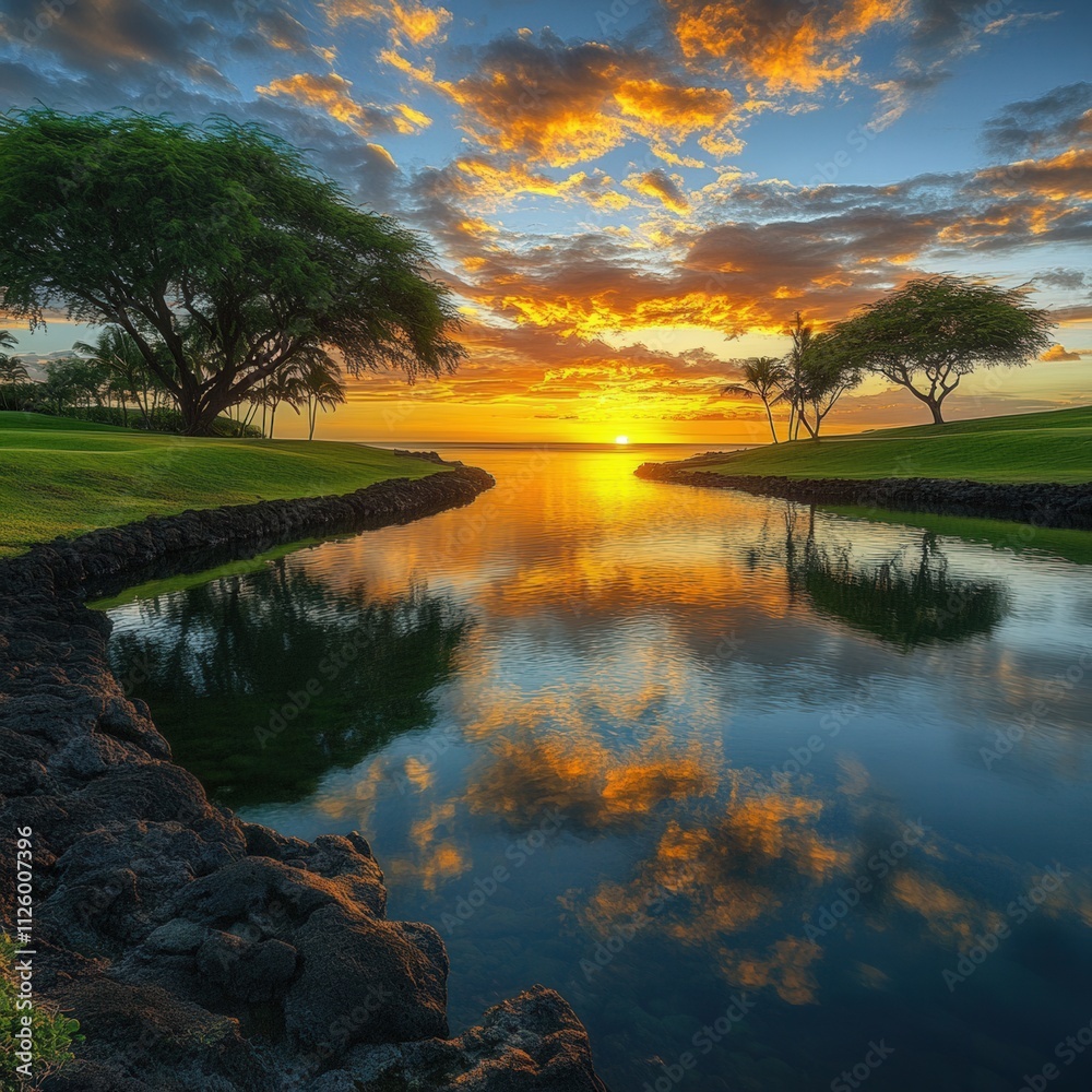 Fototapeta premium serene sunset over calm water with reflections