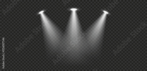 Light sources, concert lighting, spotlights. Concert spotlight with ray illuminated spotlights for web design illustration. The vector set of light includes a light source, studio lighting.
