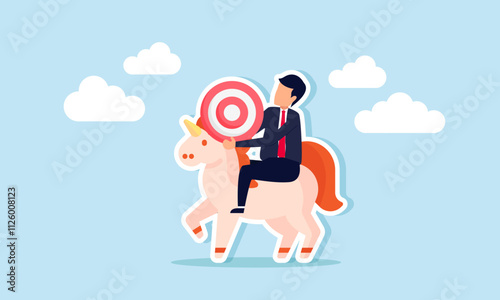 A businessman carries a target board while riding a unicorn, illustration of discipline in achieving business targets to sustain the growth of unicorn-level startups