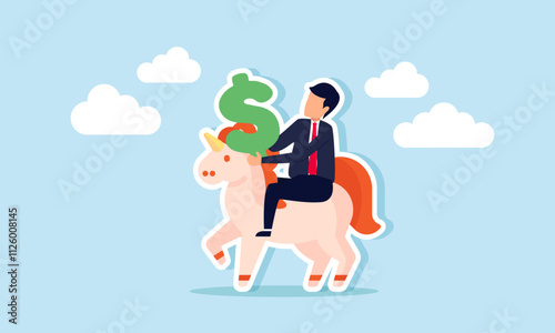 A businessman carries a dollar sign while riding a unicorn, illustration of managing financial stability to sustain the growth of unicorn-level startups