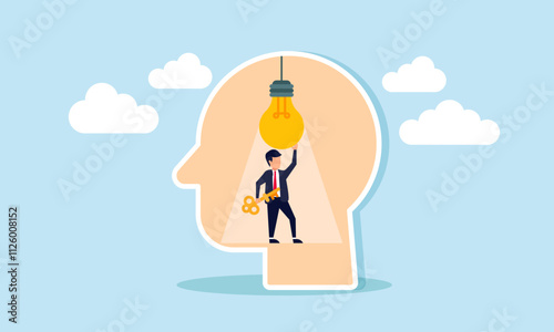 A businessman holds a key inside a head shape while fixing a lamp, illustration of maintaining ideas and innovation to provide new solutions for business challenges