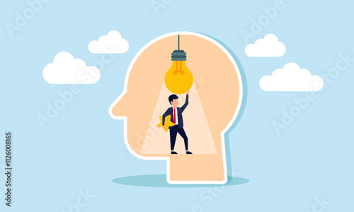 A businessman holds a star inside a head shape while fixing a lamp, illustration of maintaining ideas and innovation to deliver new business insights and improve ratings and quality
