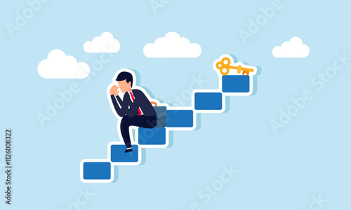 A businessman feels sad and sits on the middle of stairs leading to a key, illustration of stopping the fight before finishing or completing the search for business solutions