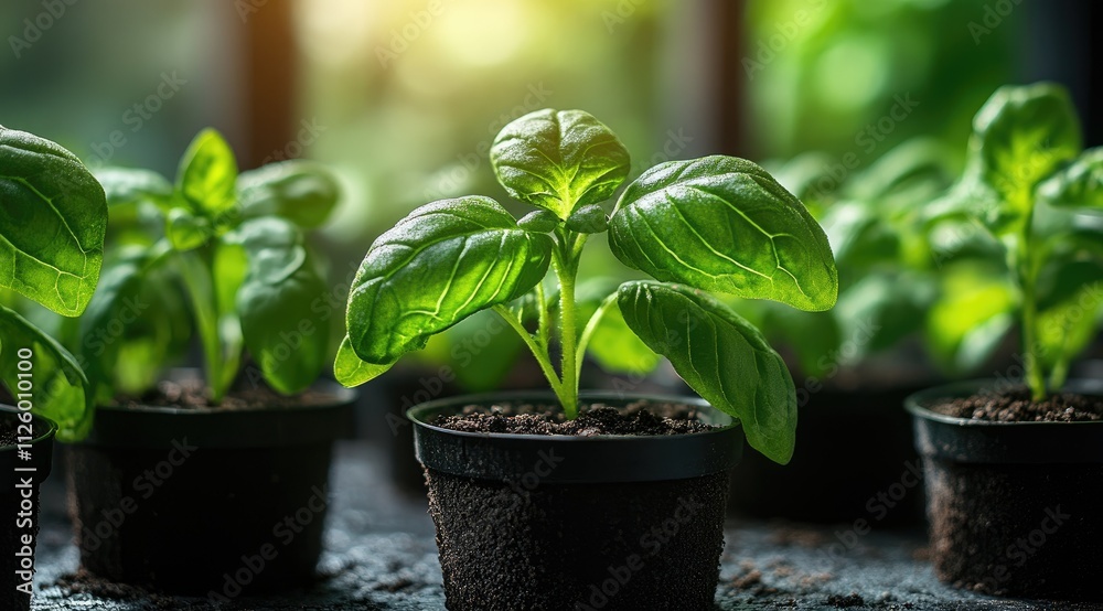 Young basil plants in small pots, growing in sunlight. Young basil plants in small pots, growing in sunlight.