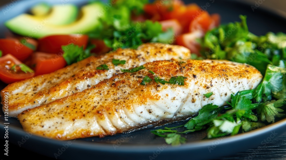 Freshly Cooked Fish Fillets with Colorful Vegetable Garnish Freshly Cooked Fish Fillets with Colorful Vegetable Garnish