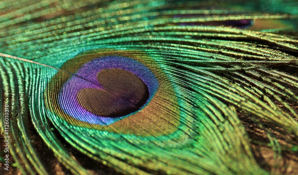 Naklejka premium Peacock feather closeup. Selective focus.