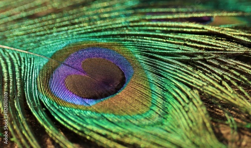 Peacock feather closeup. Selective focus.
