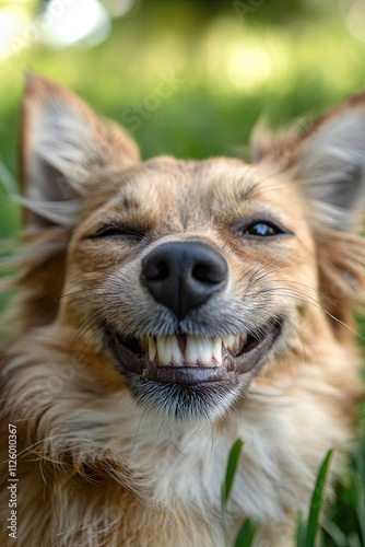 Close-up of a dog with a goofy grin, one ear up and one ear down, showing playful charm