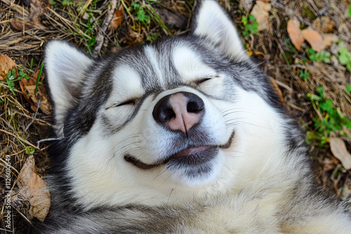 Husky dog making a “smiling” face with squinting eyes, radiating happiness photo