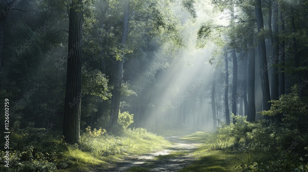 Obraz premium Sunlit path through misty, green forest.