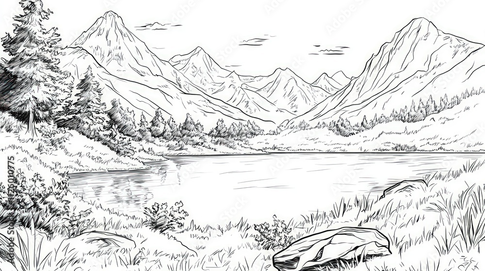 Mountain lake scene, sketched, tranquil nature. Mountain lake scene, sketched, tranquil nature.