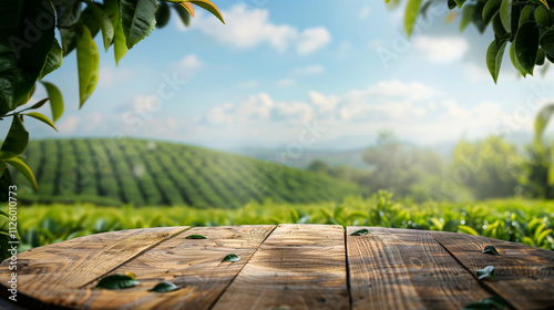 Circle wooden table top with blurred tea plantation landscape against blue sky and blurred green leaf frame Product display concept natural background