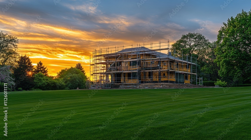 Obraz premium new house construction at sunset with scaffolding