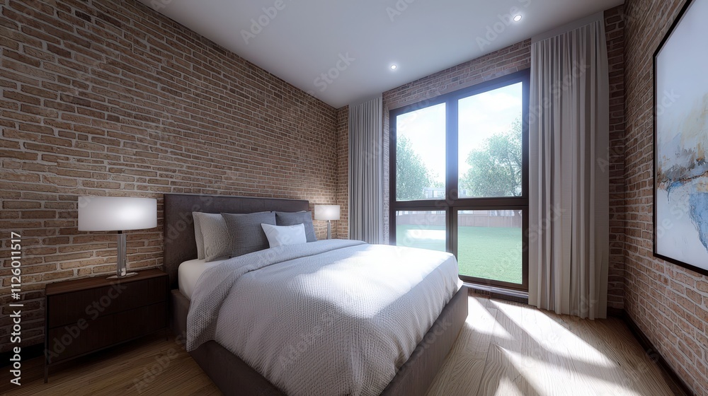 Fototapeta premium Chic Loft Bedroom Modern Design Exposed Brick Large Window