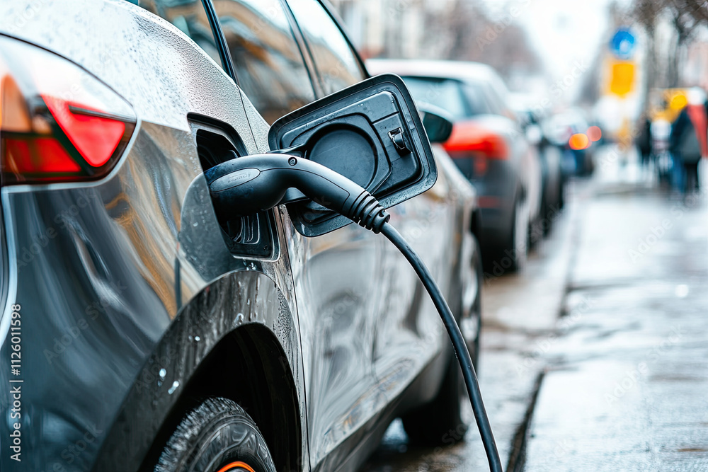 Electric car with a charging port, representing sustainable transport innovation Electric car with a charging port, representing sustainable transport innovation