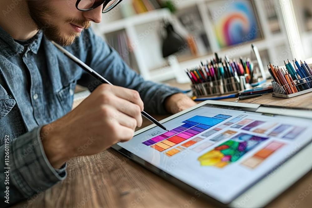 Person digitally drawing colorful design on tablet. Person digitally drawing colorful design on tablet.
