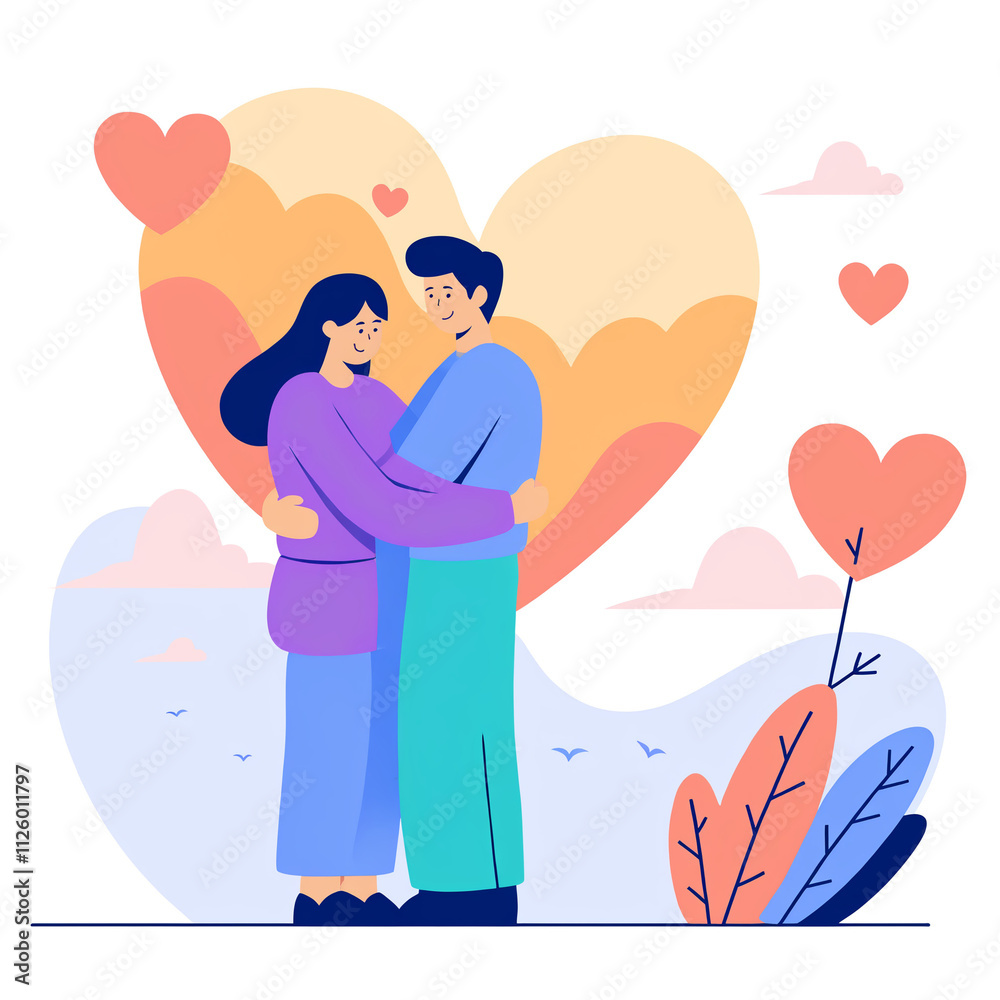 Obraz premium A concept of love, tenderness, and romance. A cheerful young couple, a boy and a girl, stand together, hugging and embracing each other with affectionate smiles, expressing their love.