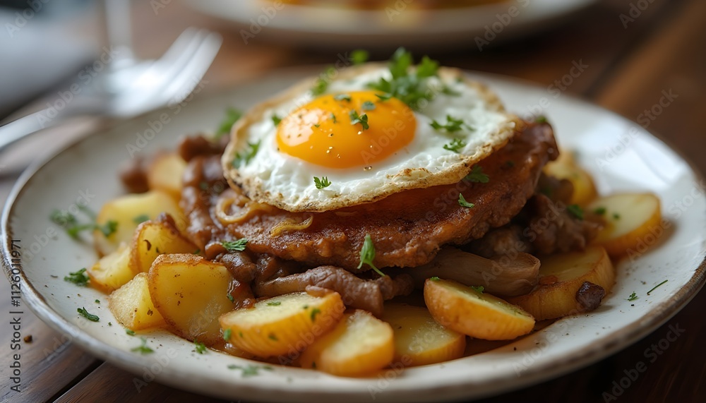 Traditional Swedish Pyttipanna with Fried Potatoes, Meat, and Egg Traditional Swedish Pyttipanna with Fried Potatoes, Meat, and Egg